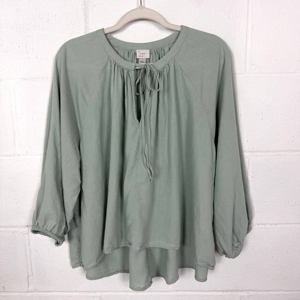 A New Day Linen Blend Peasant Top SZ L Green Cropped Relaxed BoHo Poet Cottage